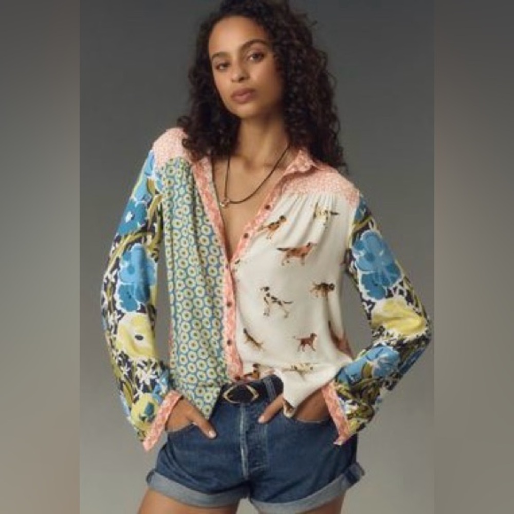 Maeve Mixed-Print Button-Down Shirt in Cream, Blue, Yellow & Pink